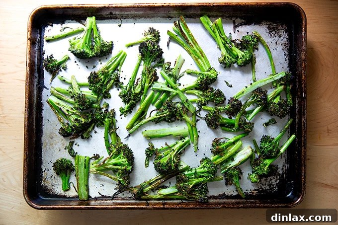 Zahmetsiz Romesco Sosu: Biberleri Soymaya Son! 14 Roasted broccolini on a sheet pan.