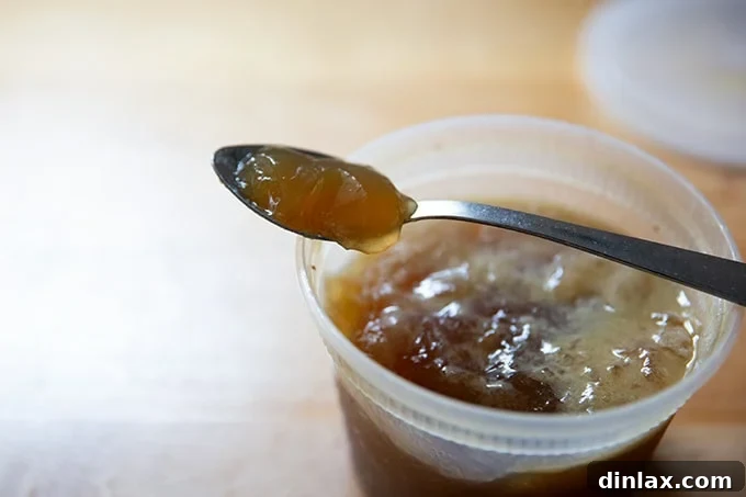 Make Ahead Roasted Turkey Wing Stock 25 Solidified, jellied turkey stock in a bowl, demonstrating its rich gelatin content and potential for adding body to dishes.
