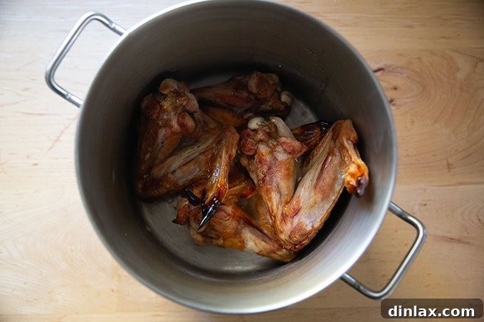 Make Ahead Roasted Turkey Wing Stock 6 Roasted turkey wings nestled in a large stockpot, awaiting the next steps of stock preparation.