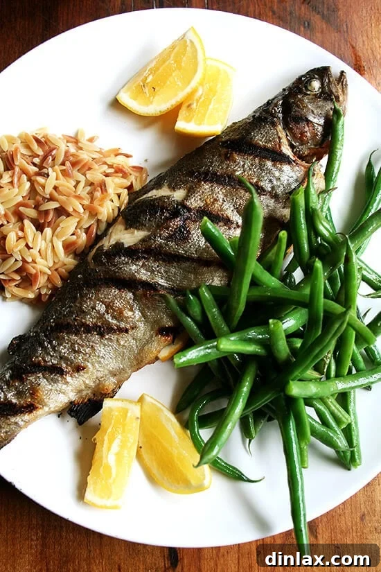Grilled Trout with Brown Butter Orzo and Steamed Green Beans 2 Crispy whole grilled trout with tender green beans and creamy orzo risotto