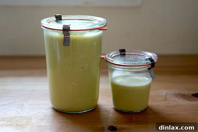 Perfect Caesar Dressing Your Way 12 Two clear glass jars, one large and one smaller, both filled with homemade Caesar dressing, demonstrating batch versatility.
