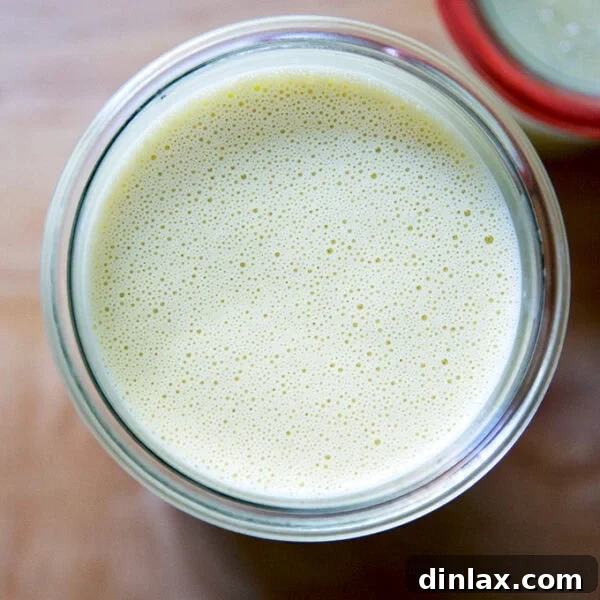 A jar of homemade Caesar dressing, showing its creamy texture and rich color, ready for storage.