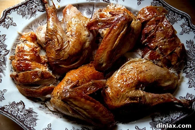 A beautifully roasted golden-brown turkey, resting on a platter with herbs.