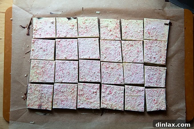 Simple 4-Ingredient Peppermint Bark 18 Cut squares of peppermint bark.