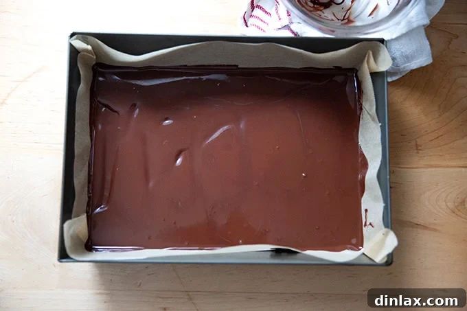 Simple 4-Ingredient Peppermint Bark 9 A layer of melted dark chocolate spread into a 10x14-inch pan.
