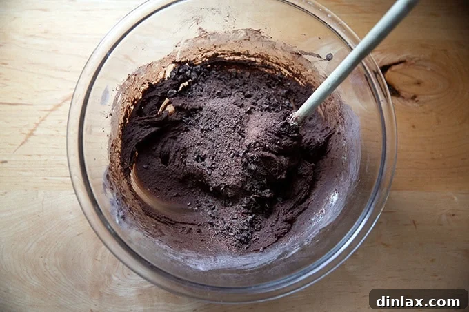 Chocolate crinkle cookie dough with finely chopped bittersweet chocolate pieces visible within it.