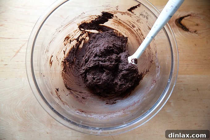A bowl of chocolate crinkle cookie dough, fully mixed with all ingredients, including chopped chocolate.