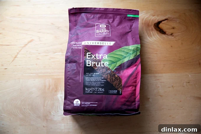 A bag of Cacao Barry Extra Brute Dutch-processed cocoa powder, ready for baking.