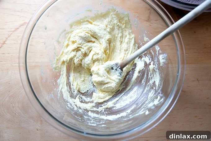 The butter, sugar, egg, and vanilla mixture after being fully combined, appearing smooth and homogenous.