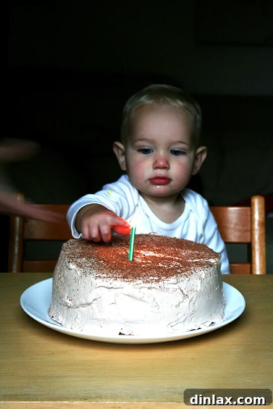 Smiling child, Graham, celebrating his first birthday with an Angel Food Cake