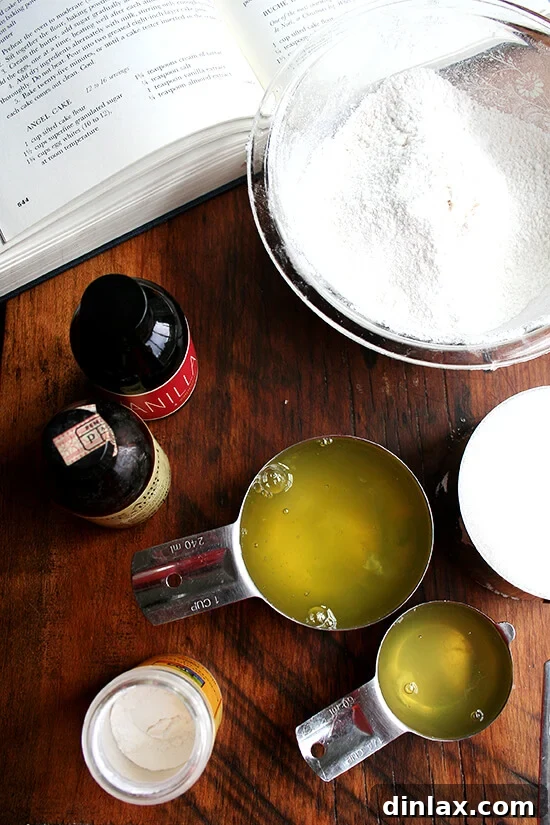 Ingredients for Homemade Angel Food Cake laid out on a kitchen counter