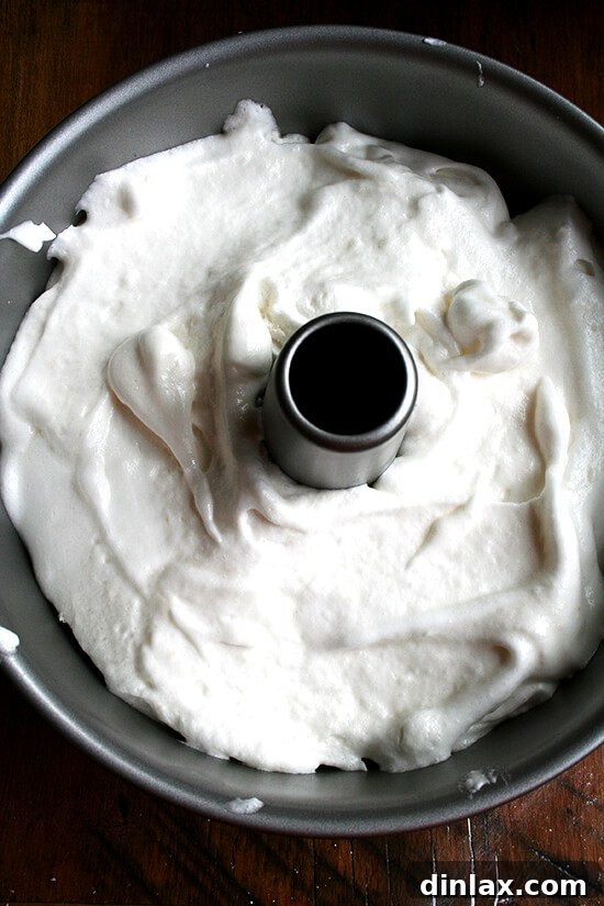 Angel food cake batter in a tube pan, ready for the oven