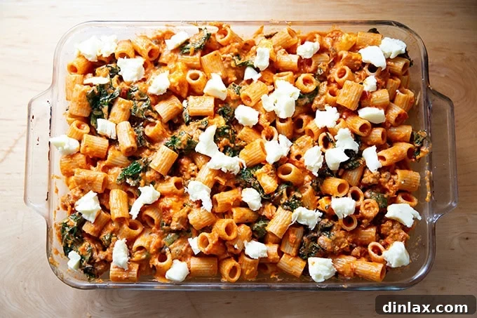 Effortless Baked Pasta: Make It, Share It, Freeze It 15 A 9x13-inch pan filled with unbaked pasta, topped with mozzarella, ready for the oven.