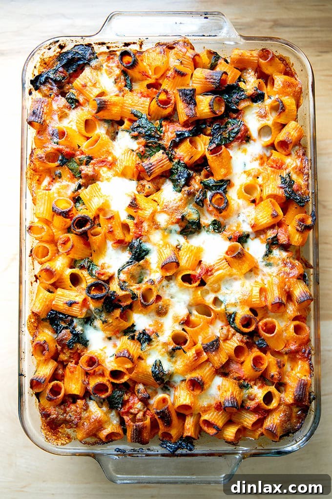 Effortless Baked Pasta: Make It, Share It, Freeze It 16 Freshly baked pasta with sausage and kale, bubbling and golden-brown, just removed from the oven.