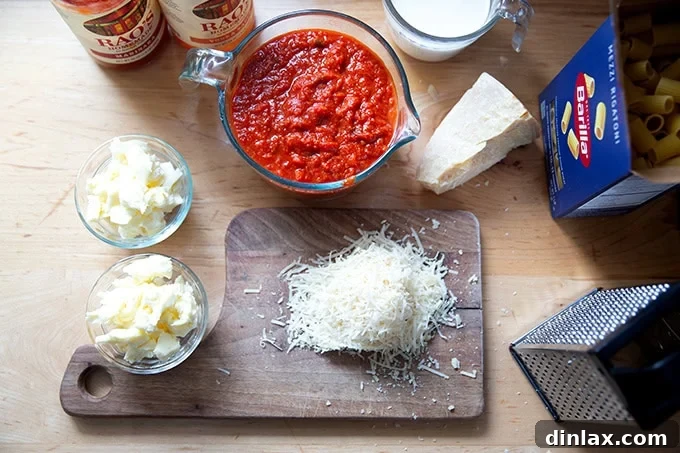 Effortless Baked Pasta: Make It, Share It, Freeze It 4 All pre-measured ingredients for baked pasta laid out on a kitchen counter.