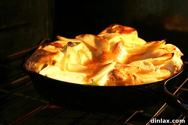 big apple pancake in oven Another view of the big apple pancake in the oven, golden and risen.