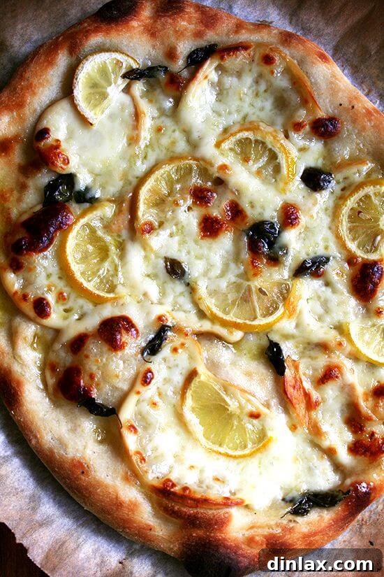 Zesty Lemon, Smoked Mozzarella & Fresh Basil Pizza 6 A just-baked lemon and smoked mozzarella pizza.