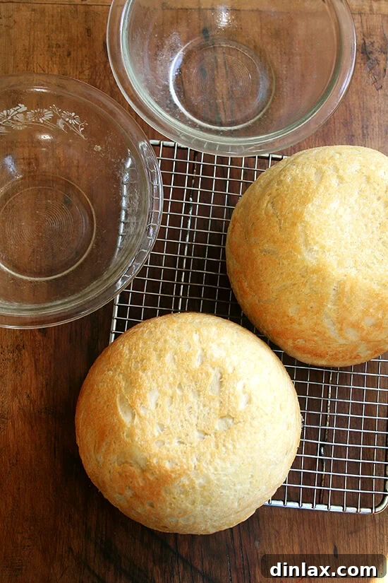 Two fresh loaves of peasant bread, two glass pyrex bowls, and cooling rack