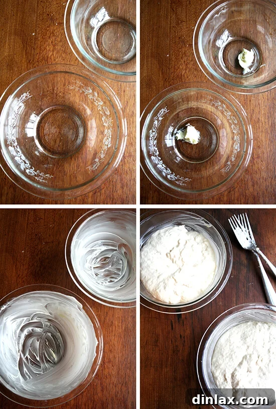 Four blocks showing glass bread bowls empty, with butter, and with dough