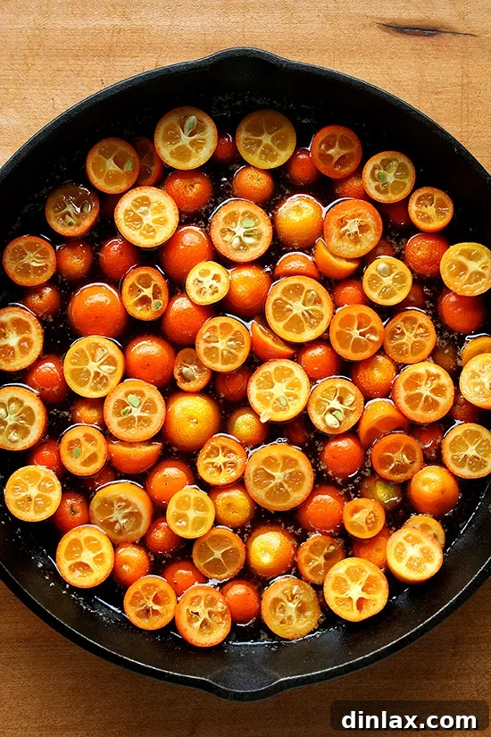 Golden Kumquat Crown Cake 2 Caramelized kumquats arranged beautifully in a cast iron pan, ready for the cake batter.