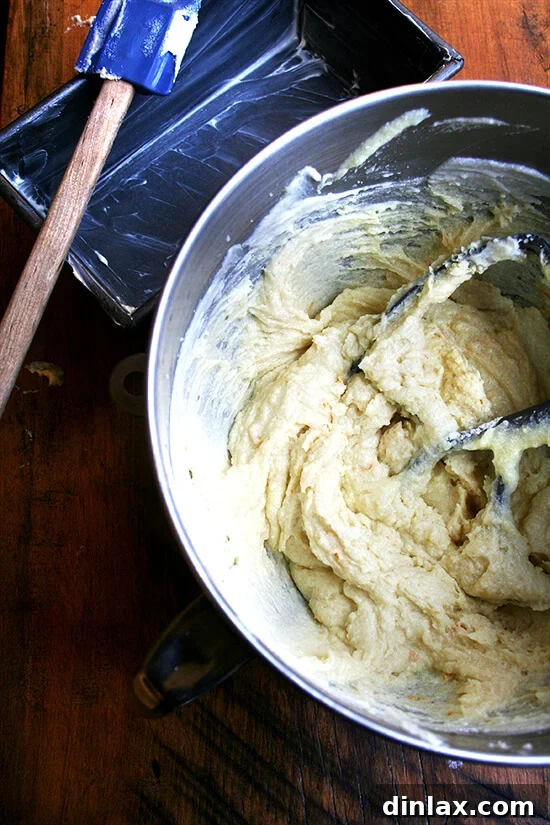 The smooth, creamy batter for orange-ricotta loaf, mixed and ready for the baking pan.