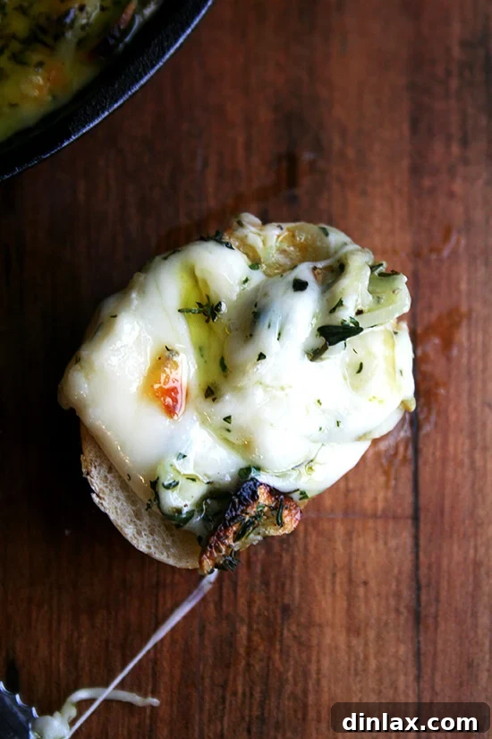 A close-up of a crusty baguette piece being dipped into creamy, melted baked fontina cheese, showcasing the perfect texture and herb infusion.