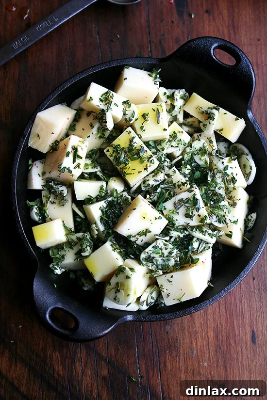 Cubed fontina cheese, fresh herbs, sliced garlic, olive oil, and seasoning assembled evenly in a cast iron skillet, ready for baking.