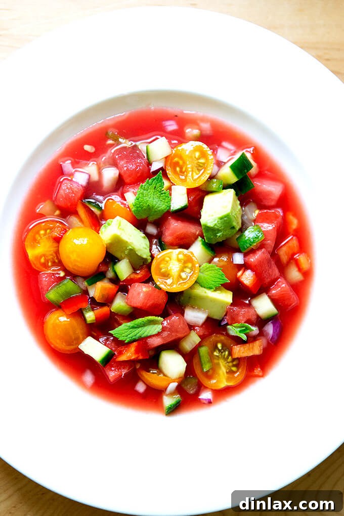A pristine white soup bowl generously filled with watermelon gazpacho, ready to be enjoyed.