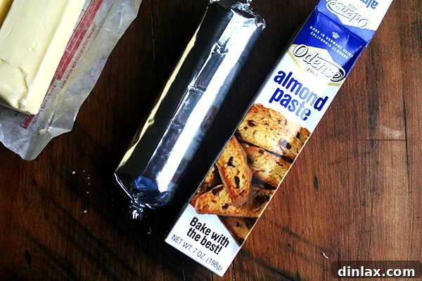 Classic Chez Panisse Almond Torte 5 A tube of high-quality almond paste, an essential ingredient for the torte, ready for use.