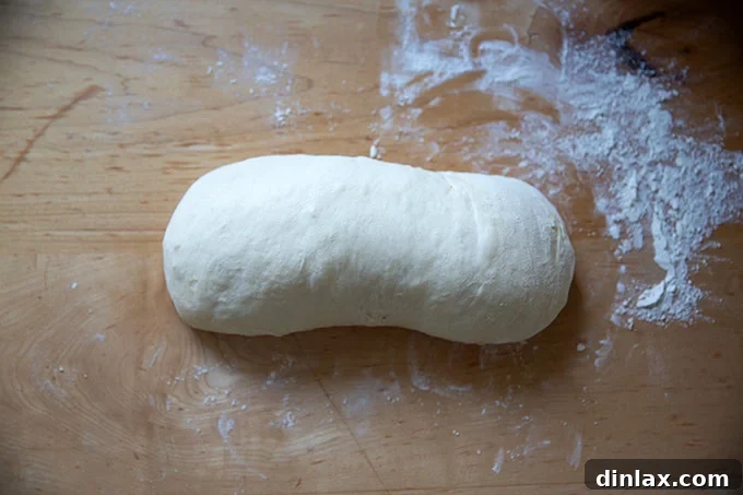 Pillowy Soft No Knead Sandwich Loaf 15 Tightly coiled sandwich bread dough resting on a floured work surface, ready to be placed in a loaf pan.