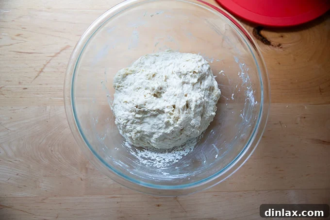 Pillowy Soft No Knead Sandwich Loaf 8 A freshly mixed, shaggy sandwich bread dough ball in a large glass bowl, illustrating its sticky consistency.