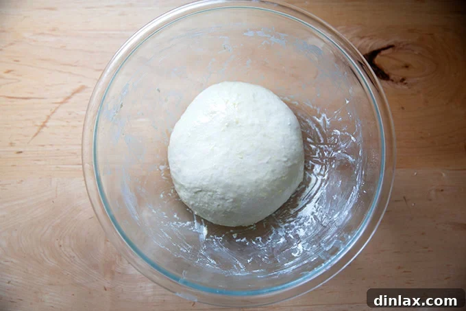 Pillowy Soft No Knead Sandwich Loaf 10 An oiled ball of soft sandwich bread dough resting in a large glass bowl, ready for its first rise.