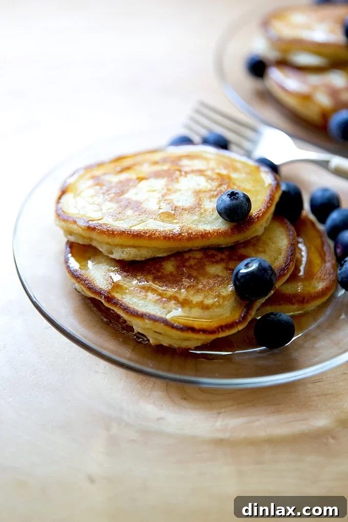 Quick Light and Fluffy Sourdough Discard Pancakes 17 A plate of sourdough discard pancakes topped with syrup and blueberries.