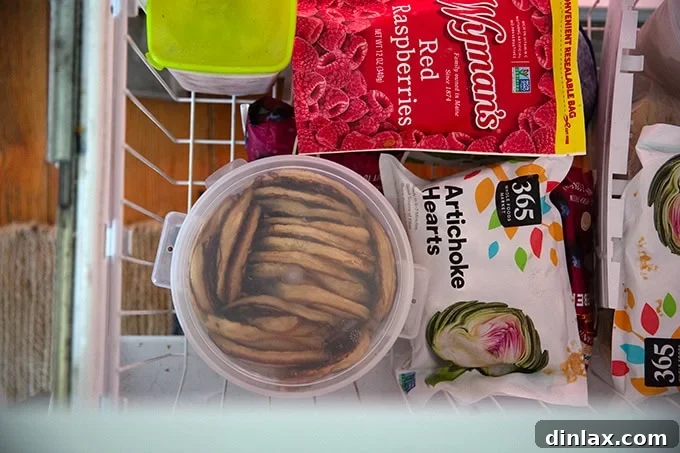 Quick Light and Fluffy Sourdough Discard Pancakes 19 A large container filled with sourdough discard pancakes in the freezer.