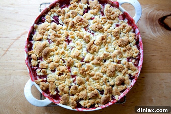 Freshly baked strawberry-rhubarb crisp, showing a deeply golden topping and bubbling fruit underneath.