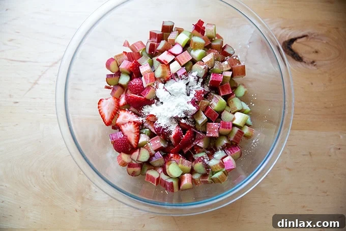 A large bowl generously filled with sliced strawberries and rhubarb, lemon-infused sugar, and a sprinkle of cornstarch and salt.