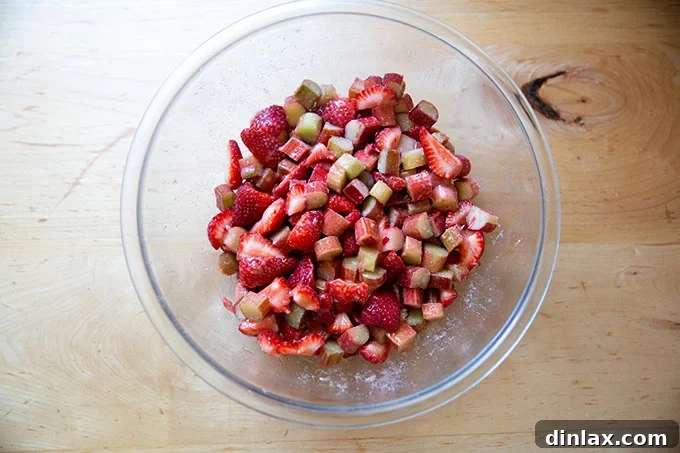 A bowl showcasing cut strawberries and rhubarb, thoroughly tossed with sugar, cornstarch, and lemon zest, glistening brightly.