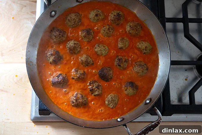 Smoky Eggplant Vegan Meatballs 14 Eggplant meatballs simmering in tomato sauce on the stovetop.