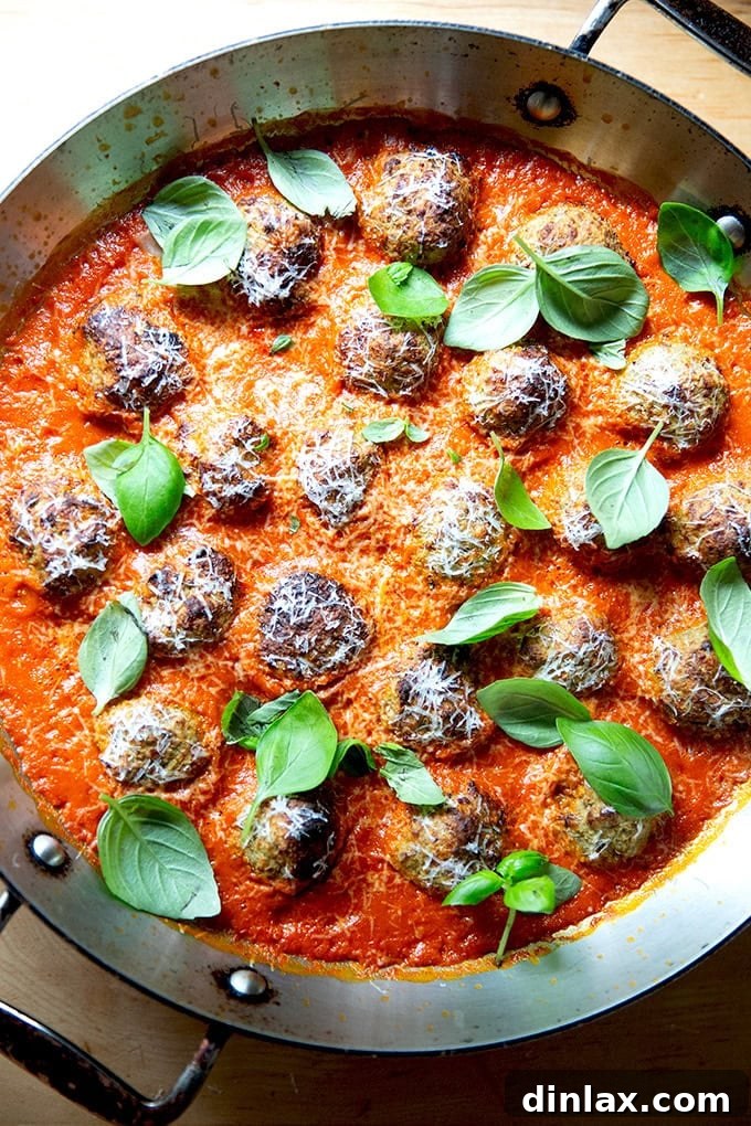 Smoky Eggplant Vegan Meatballs 16 A skillet filled with tomato sauce, eggplant meatballs and fresh basil.
