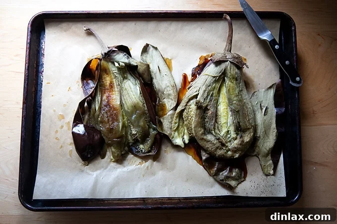 Smoky Eggplant Vegan Meatballs 5 Roasted eggplant on a sheet pan, their skin split open to reveal their flesh.