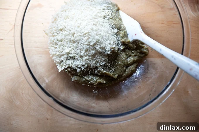 Smoky Eggplant Vegan Meatballs 9 Adding the bread crumbs to the eggplant purée.