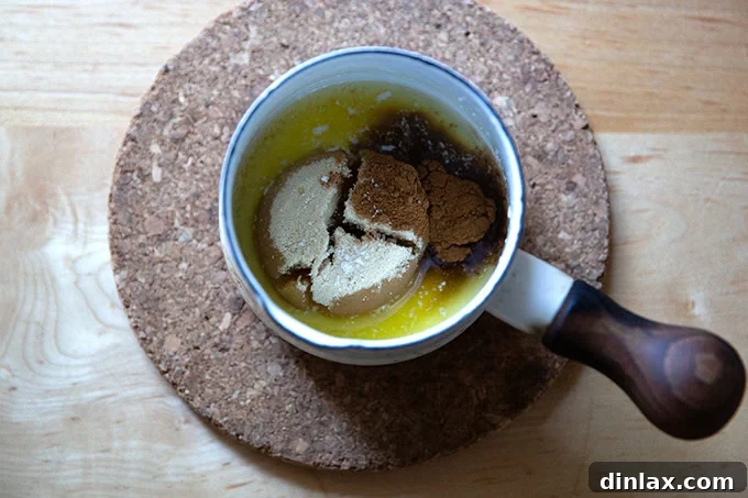 Effortless Cinnamon Sugar Focaccia 14 Cinnamon, brown sugar, and butter melting together in a small saucepan over low heat for the focaccia filling.