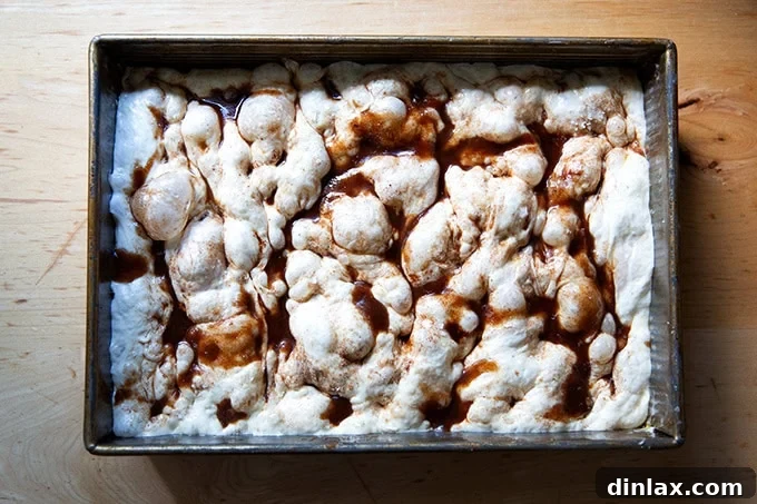 Effortless Cinnamon Sugar Focaccia 20 A dimpled cinnamon-sugar focaccia dough in a 9x13-inch pan, sprinkled with sea salt and ready to be baked.