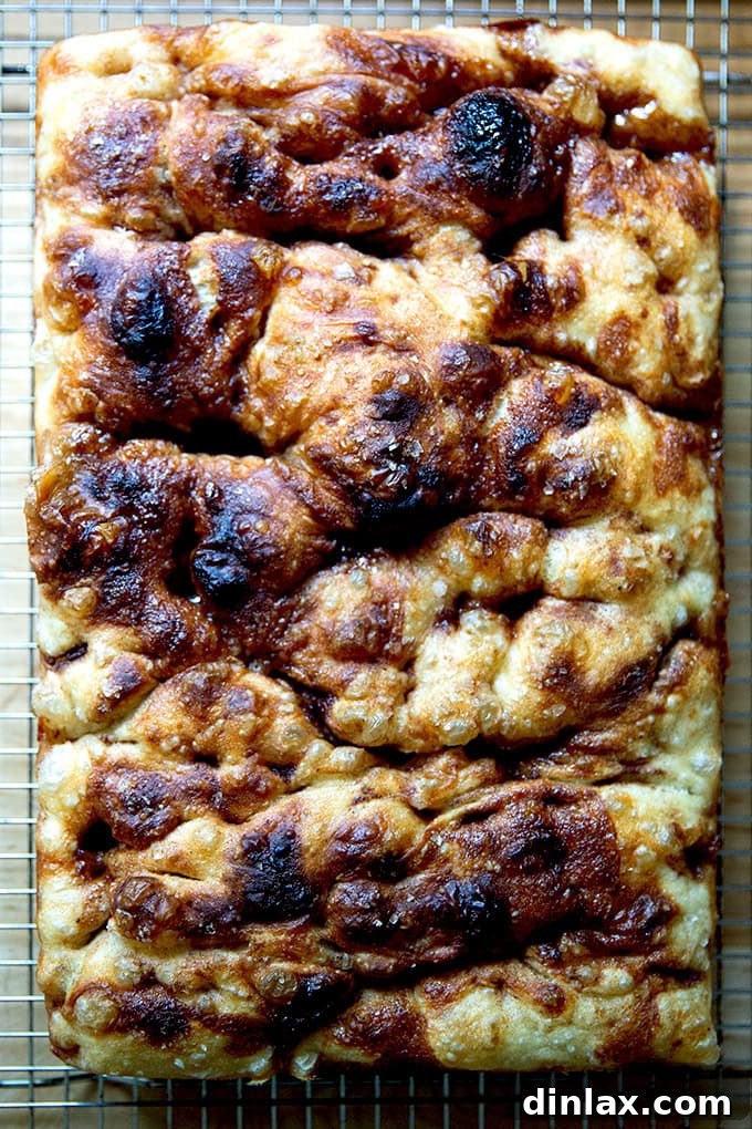Effortless Cinnamon Sugar Focaccia 22 Freshly baked cinnamon-sugar focaccia resting on a cooling rack after being removed from the pan.