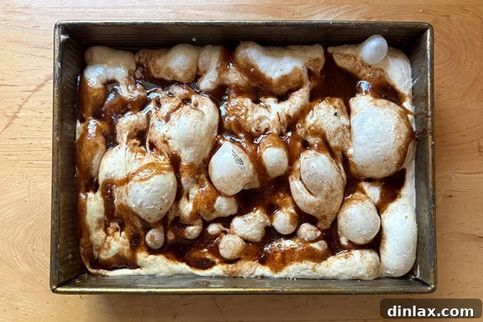 Effortless Cinnamon Sugar Focaccia 29 A dimpled cinnamon sugar focaccia dough, beautifully risen and ready for baking, after its make-ahead proofing.