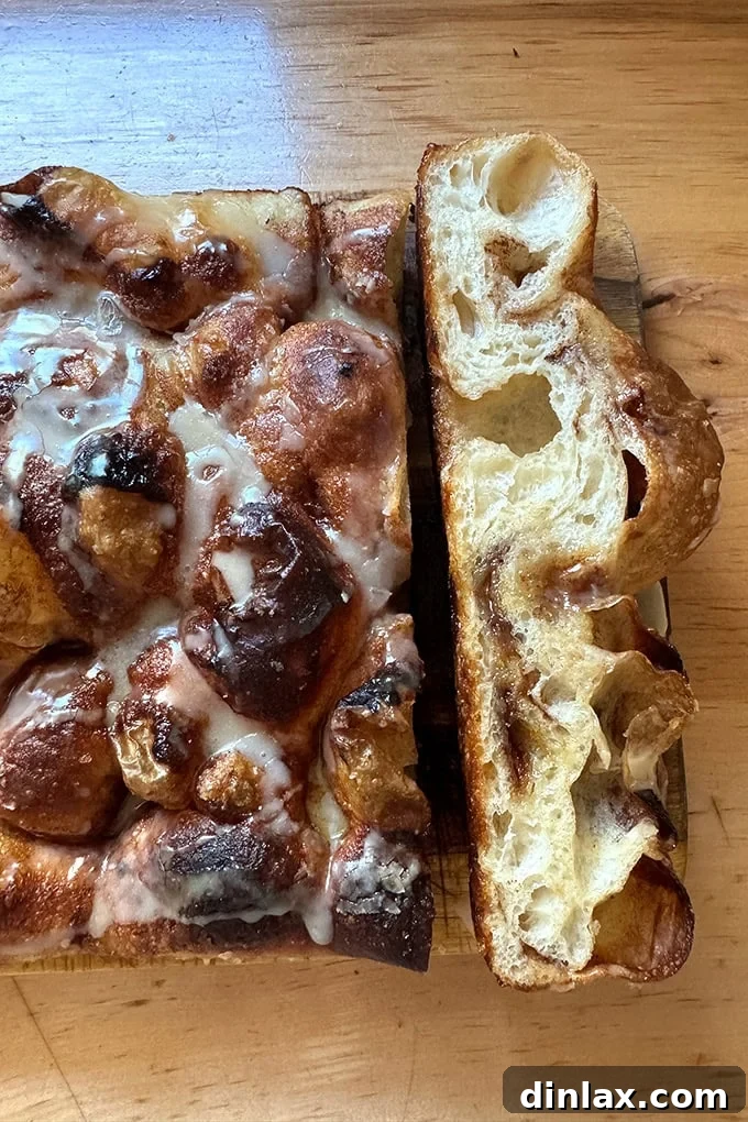 Effortless Cinnamon Sugar Focaccia 32 A close-up crumb shot of the make-ahead cinnamon sugar focaccia, highlighting its fluffy texture and rich filling.