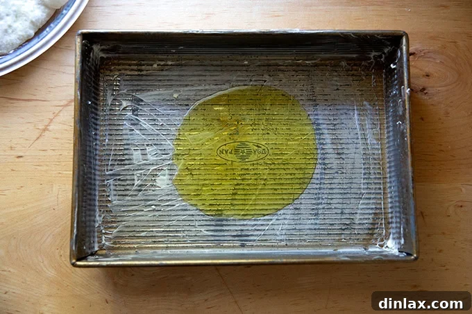 Effortless Cinnamon Sugar Focaccia 10 A 9x13-inch baking pan, generously buttered and with two tablespoons of olive oil pooled in the center, ready for the dough.