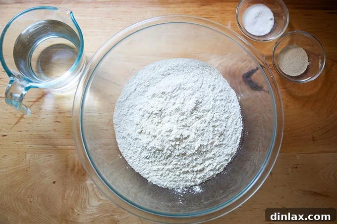 Essential ingredients for focaccia-like pizza dough laid out: bread flour, a small bowl of instant yeast, a pinch of salt, and a glass of water.