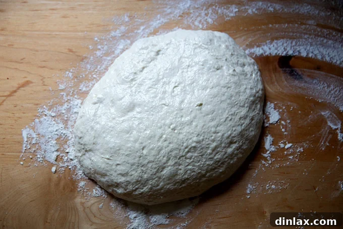The risen Grandma-style pizza dough, now turned out onto a generously floured work surface, ready for the next stage of preparation.