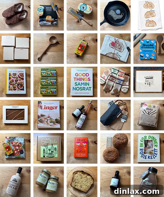 A beautifully arranged montage of holiday gift ideas, including cookbooks, gourmet ingredients, and cozy accessories.